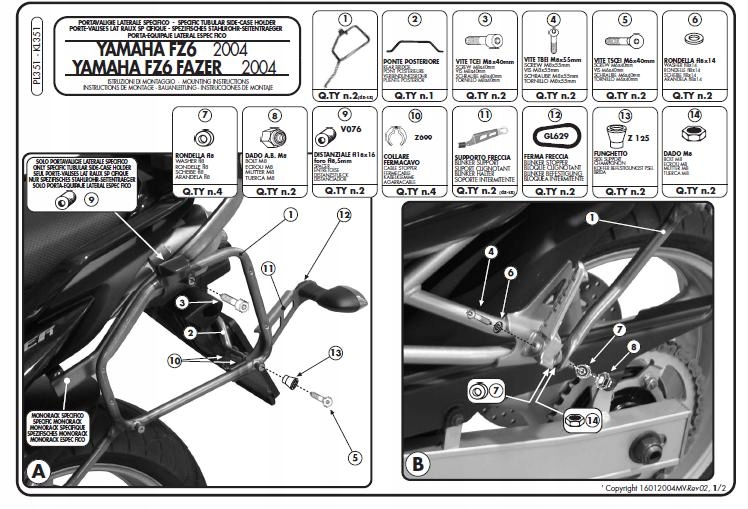 Kappa KL351 bočný nosič Yamaha FZ6 / Fazer 04-06