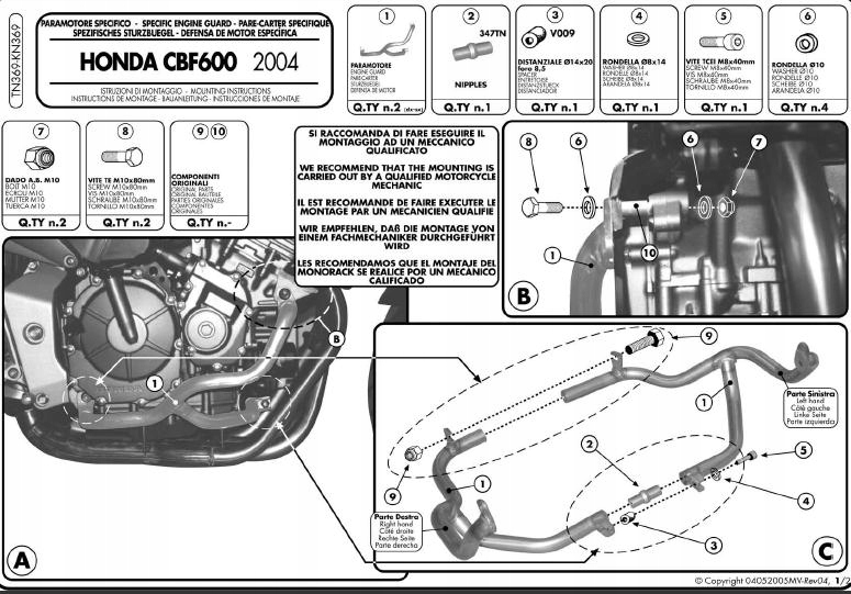 Padacie tyče Kappa KN369 pre Honda Cbf 600S- Cbf 600N (04-07)