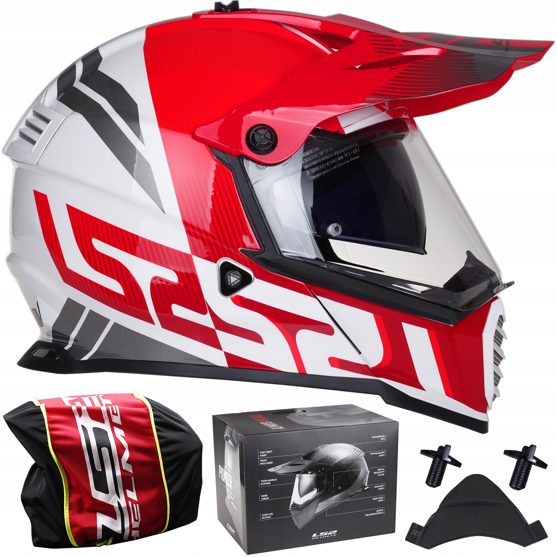 Prilba LS2 MX436 PIONEER EVO má červenú helmu CROSS ENDURO