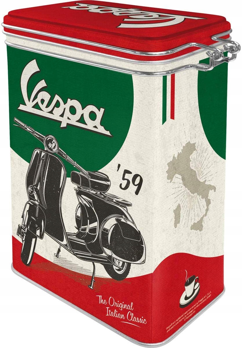 Kovová nádoba na plechovku so sponou Vespa