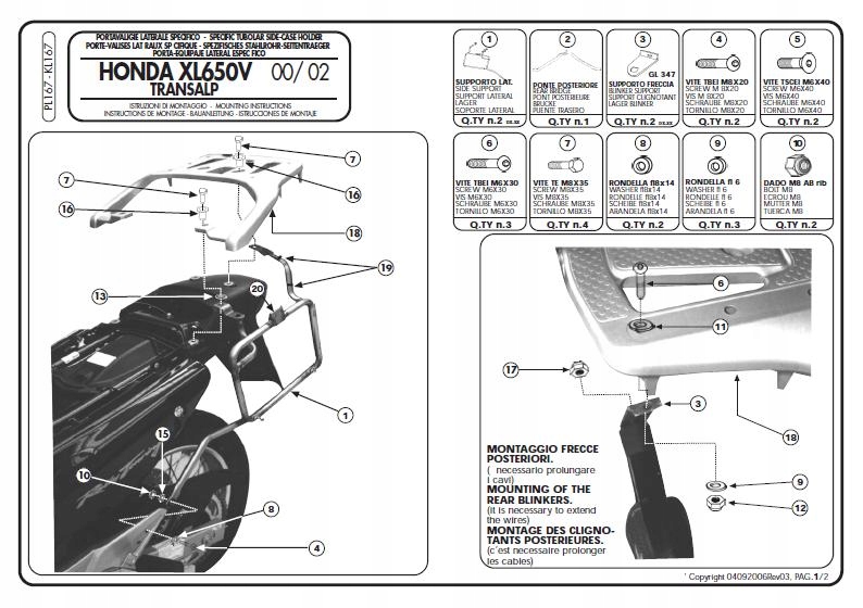 Bočný nosič Kappa KL167 Transalp XL 650 (00-07)